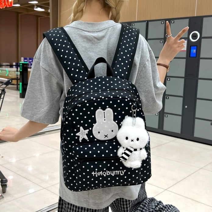 Polka Dot Cartoon-Themed Backpack with Plush Charm LoungeYard — product view 1