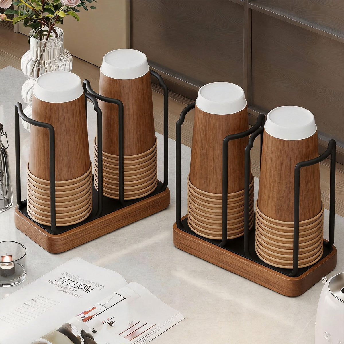 Countertop Paper Cup Dispenser with Wooden Base and Metal Frame — product view 1