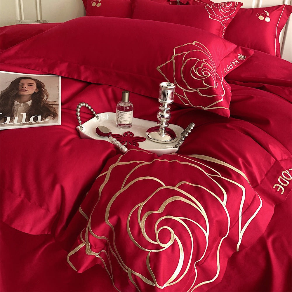 Luxurious cotton satin bedding set with rose embroidery — product view 1