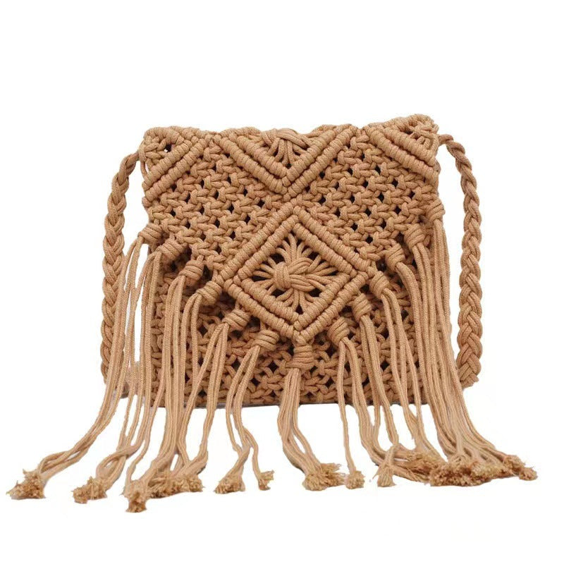 Hand-knotted macrame shoulder bag with fringes LoungeYard — product view 5