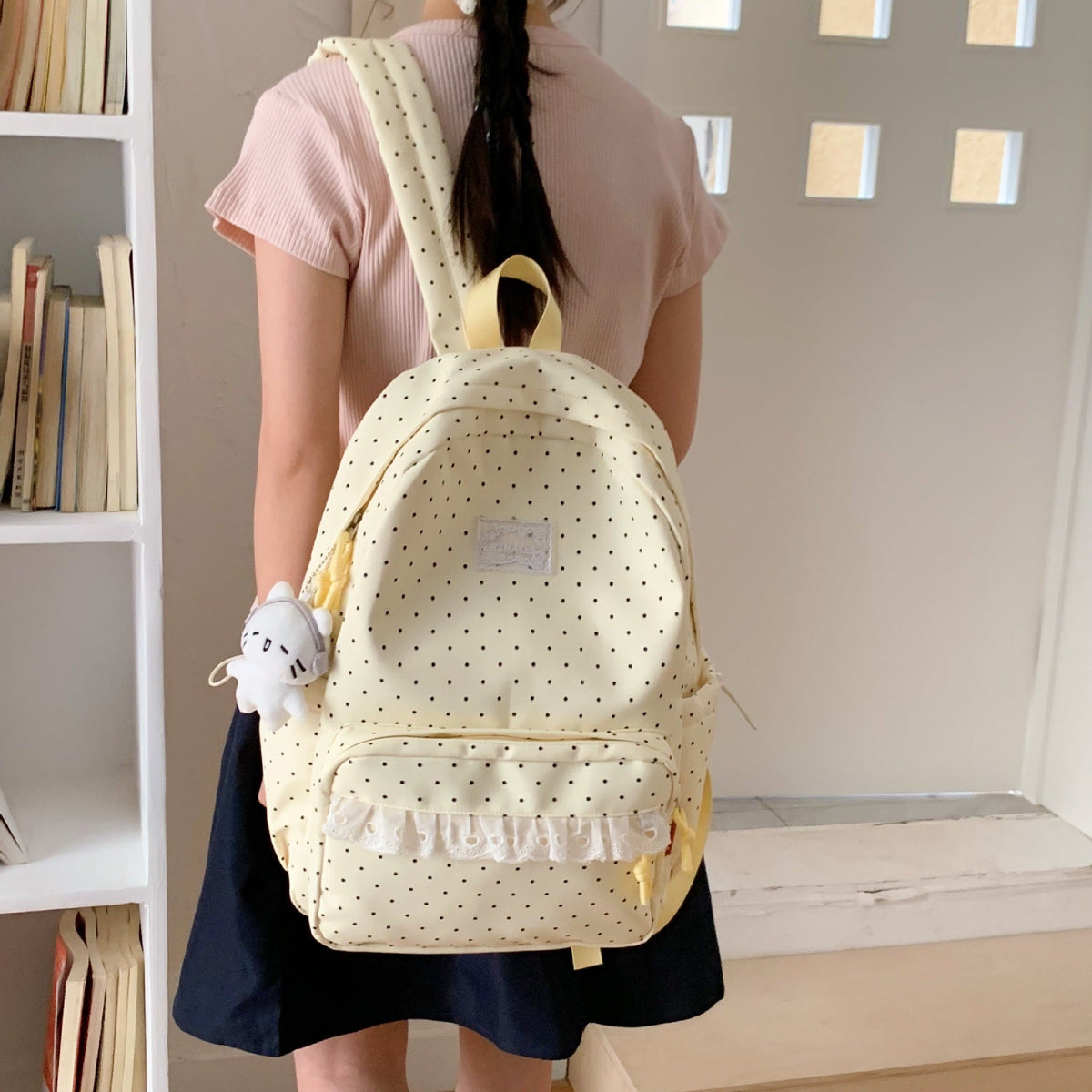 Playful Polka Dot Pattern School Backpack LoungeYard — product view 3