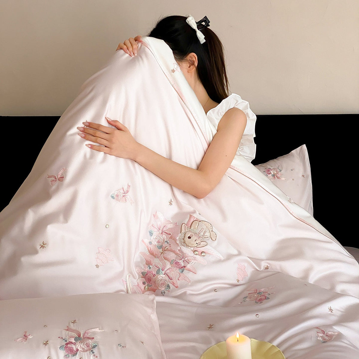 Romantic bedding set made of fine cotton satin with delicate embroidery and decorative cushion — product view 3