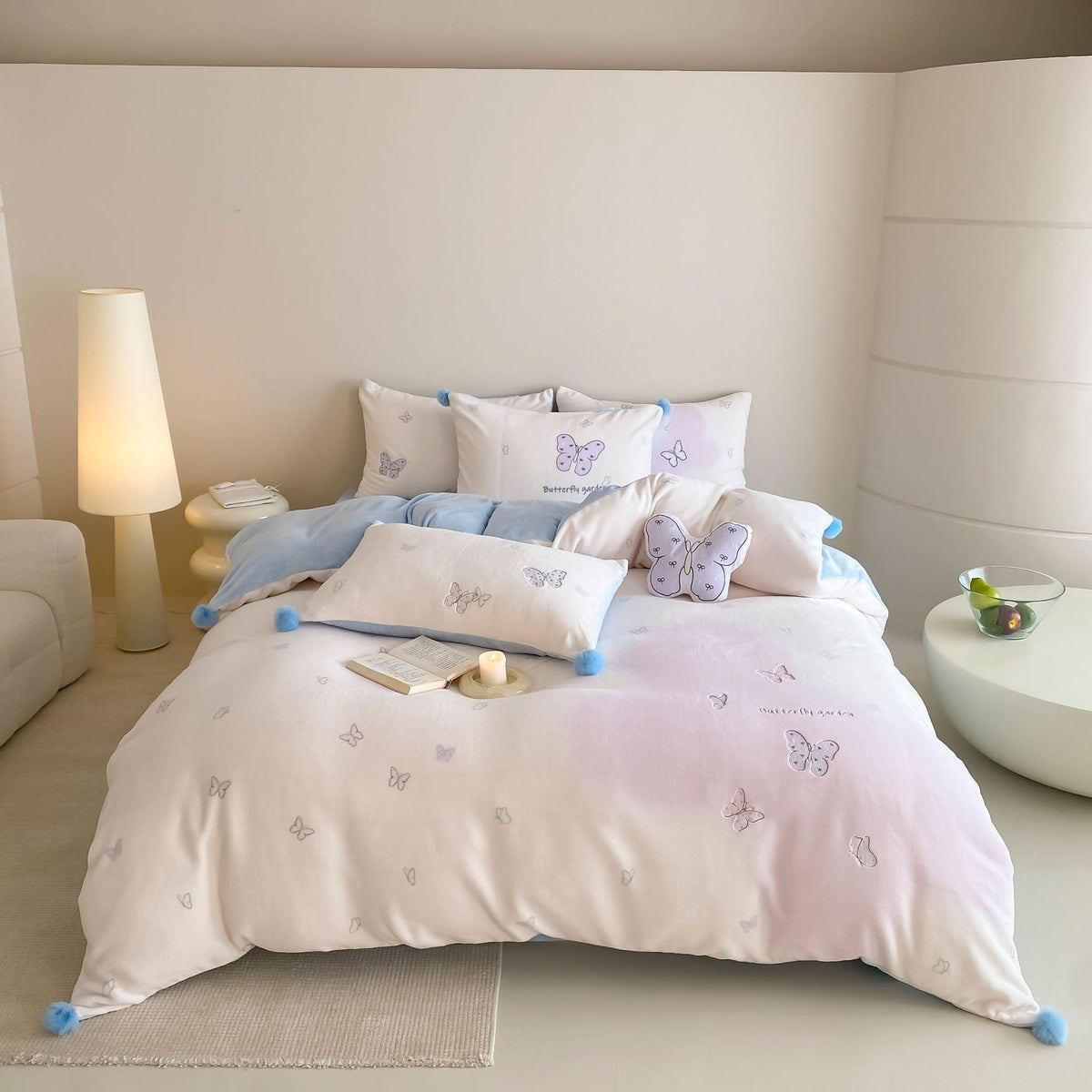 Children's bedding set with butterfly embroidery and pom pom details LoungeYard — product view 6