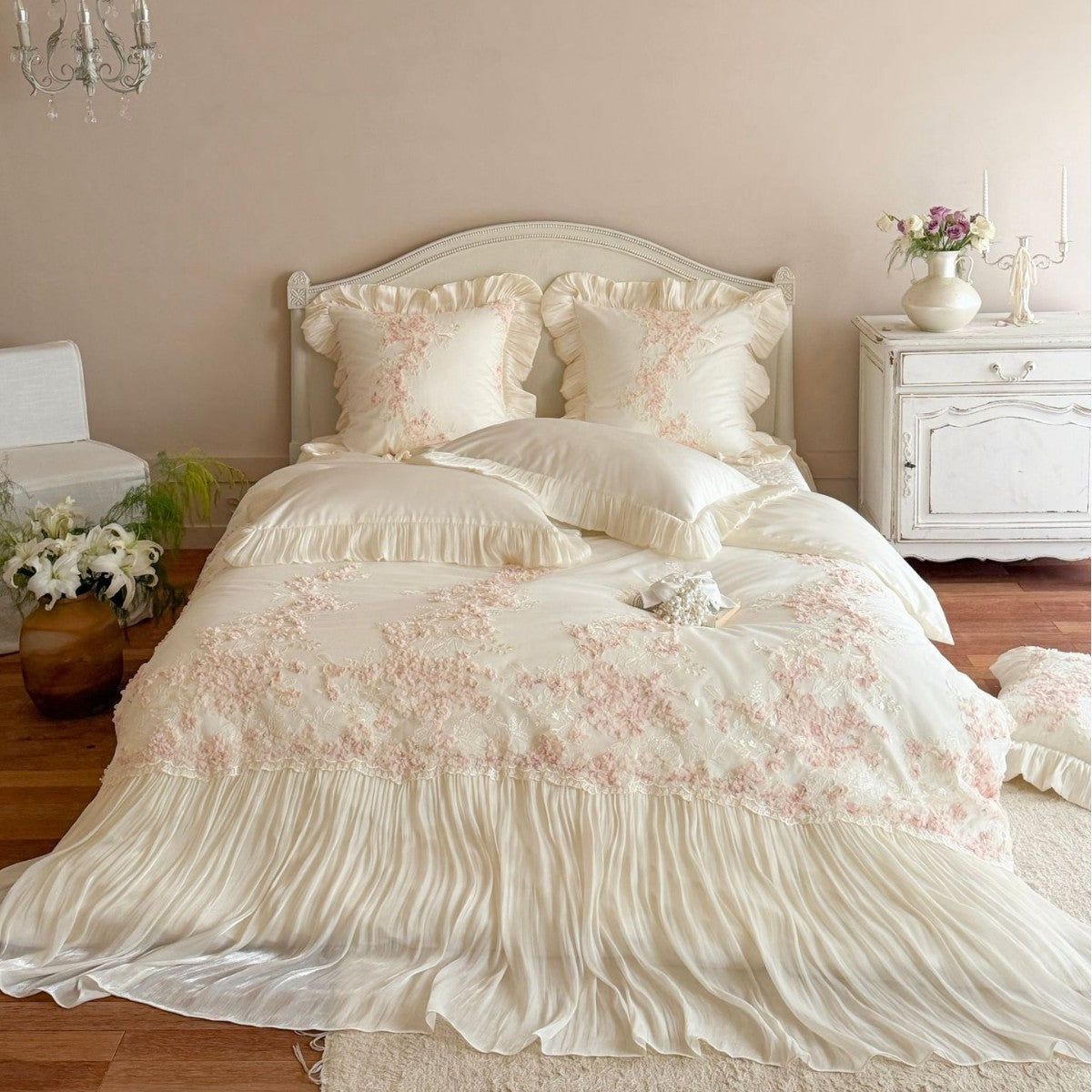 Luxurious romantic bedding set with ruffles, lace appliqué, and 3D floral embroidery — product view 4