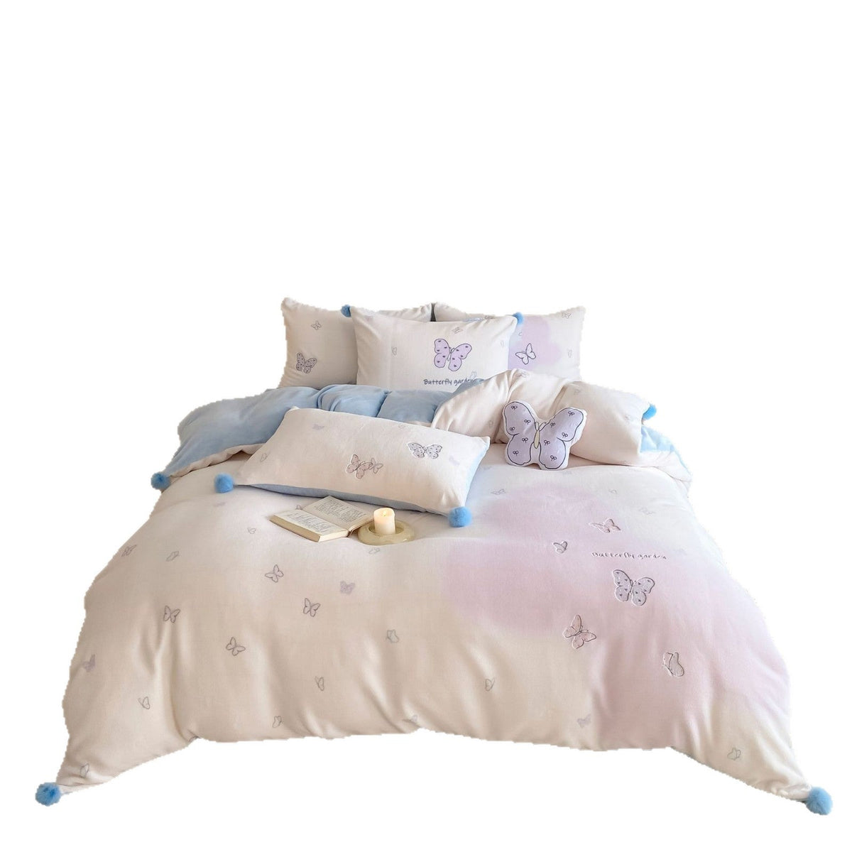 Children's bedding set with butterfly embroidery and pom pom details LoungeYard — product view 5