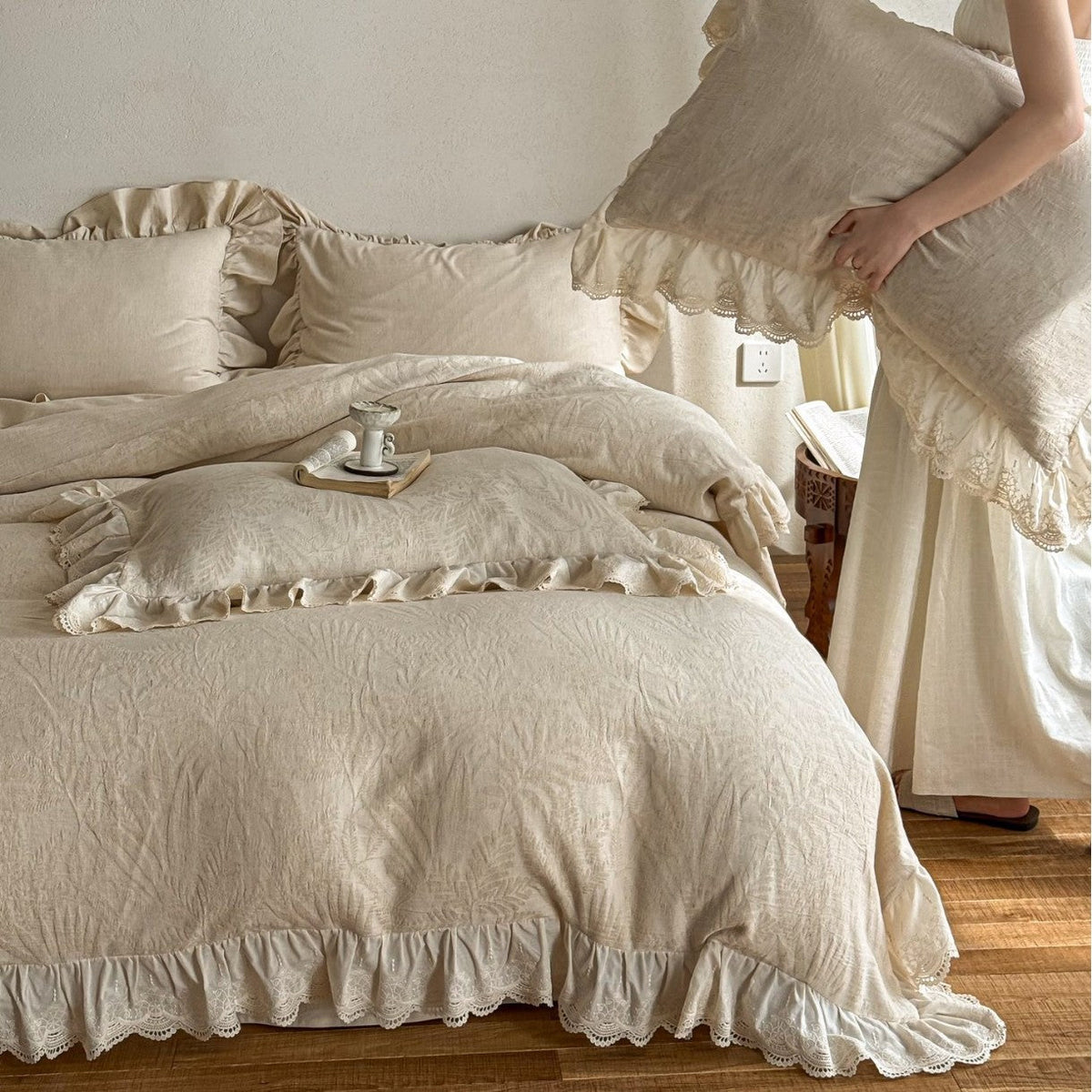 Cotton-linen bedding set with subtle jacquard floral pattern and ruffle trim — product view 1