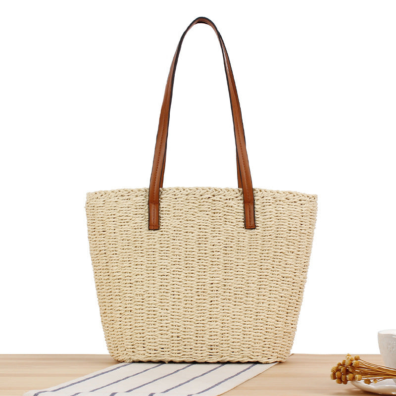 Durable straw tote bag with sturdy leather handles LoungeYard — product view 5