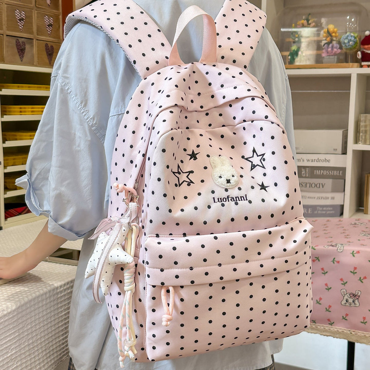 Polka Dot Backpack with Cute Character Accents LoungeYard — product view 1