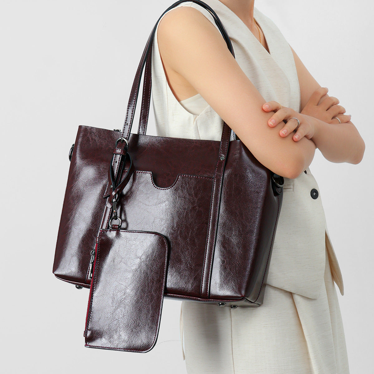 Structured Leather-Effect Tote Bag with Detachable Pouch — product view 4