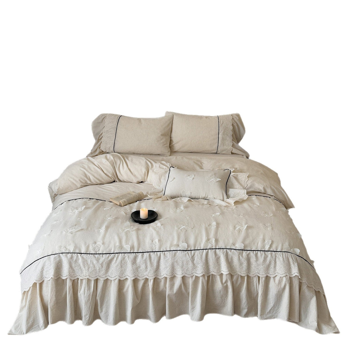 Romantic cotton bedding set with embroidery, lace frill, and fine piping — product view 5