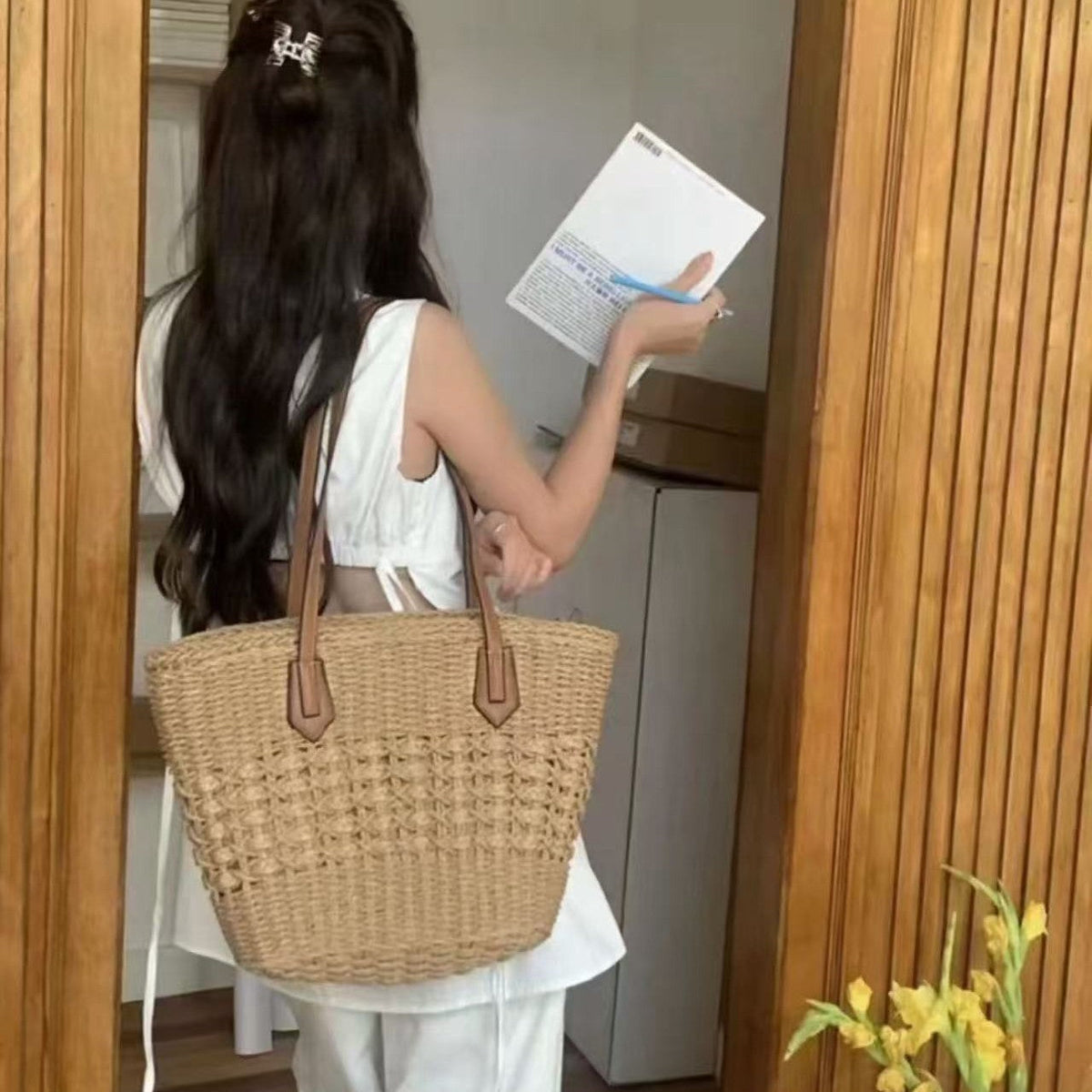 Braided tote bag with leather accents LoungeYard — product view 2