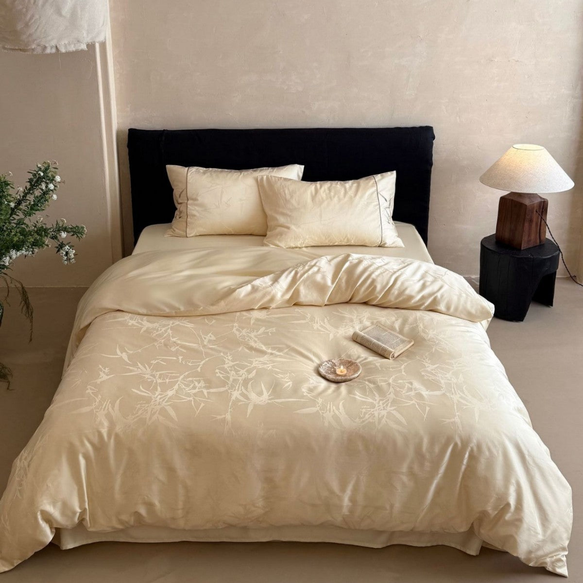 Premium Satin bedding set with subtle jacquard leaf pattern and silky finish — product view 6