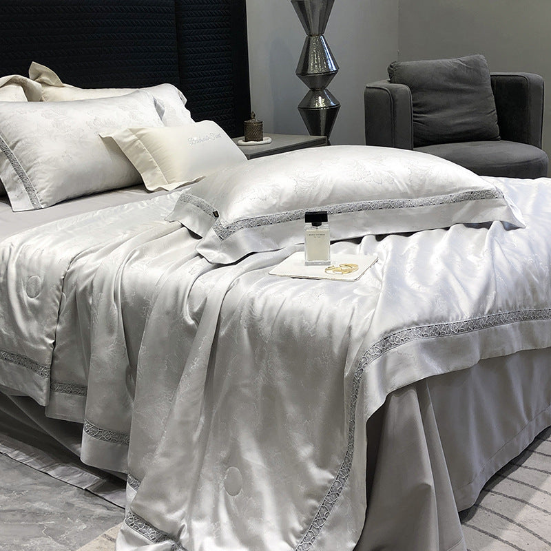 Luxurious satin bedding set with lace trim and fine quilted embellishments — product view 4