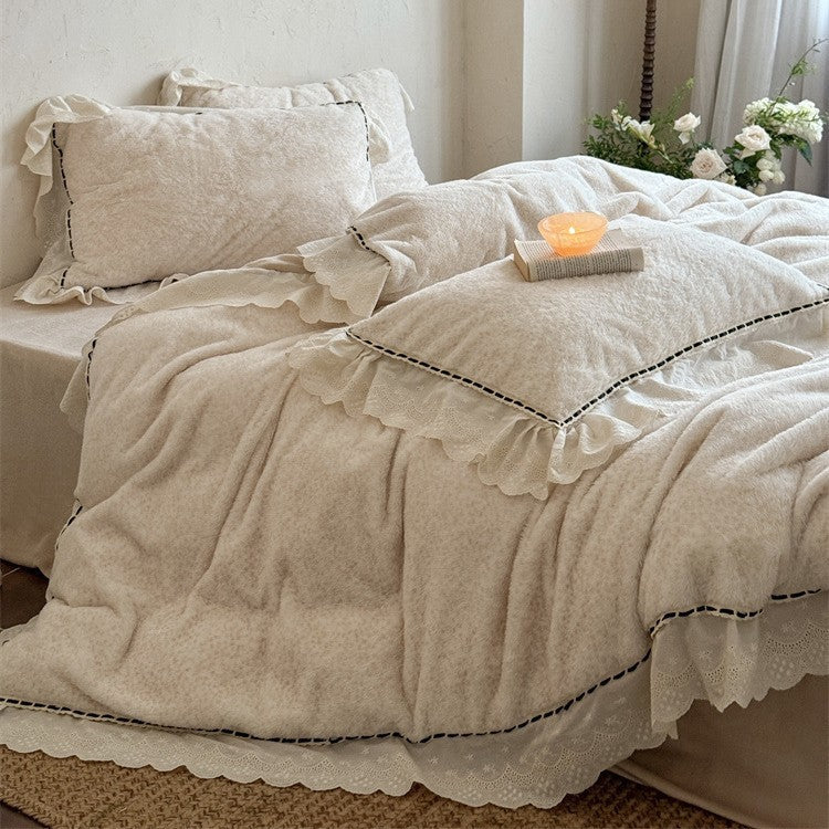 Romantic bedding set with ruffles, lace and subtle flower pattern LoungeYard — product view 3