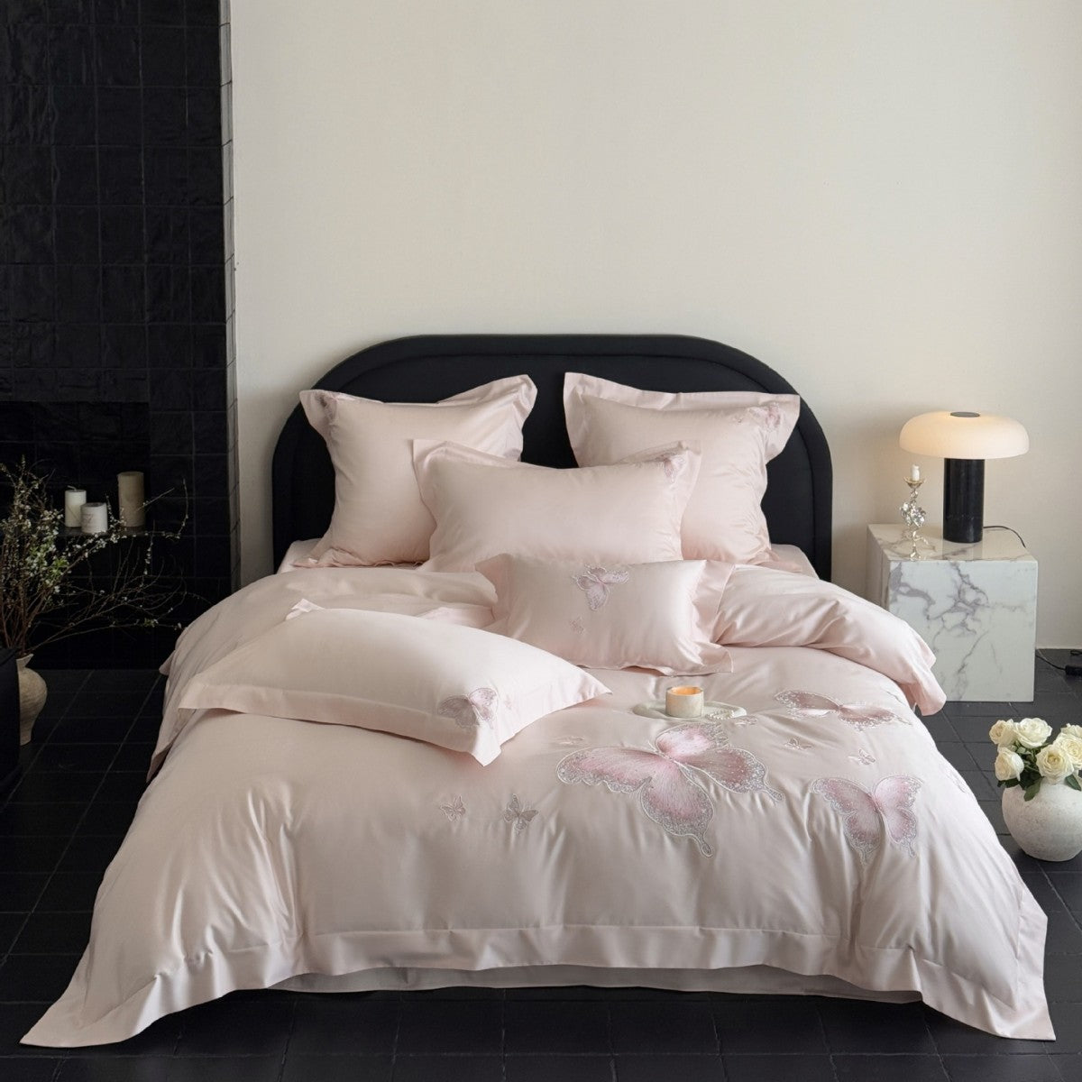 Elegant satin bed linen set with tonal butterfly embroidery — product view 6