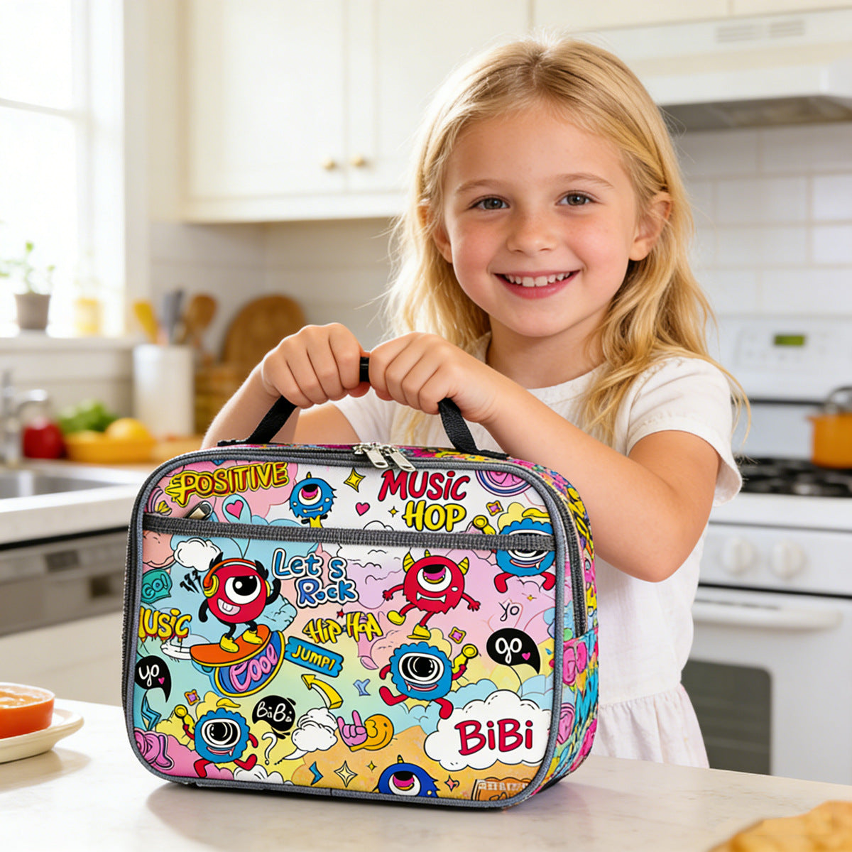 Insulated children's dinosaur lunch case with thermal lining and carry handle LoungeYard — product view 2