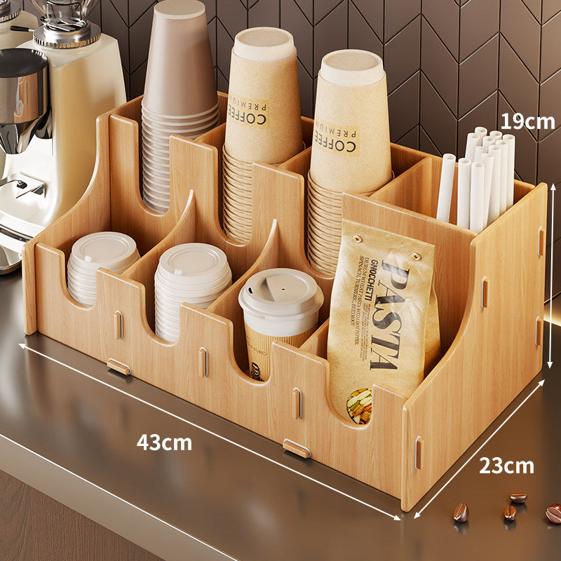 Modular Bamboo Countertop Coffee Station Organizer with Multi-Compartment Cup Lid and Straw Dispensers — product view 3