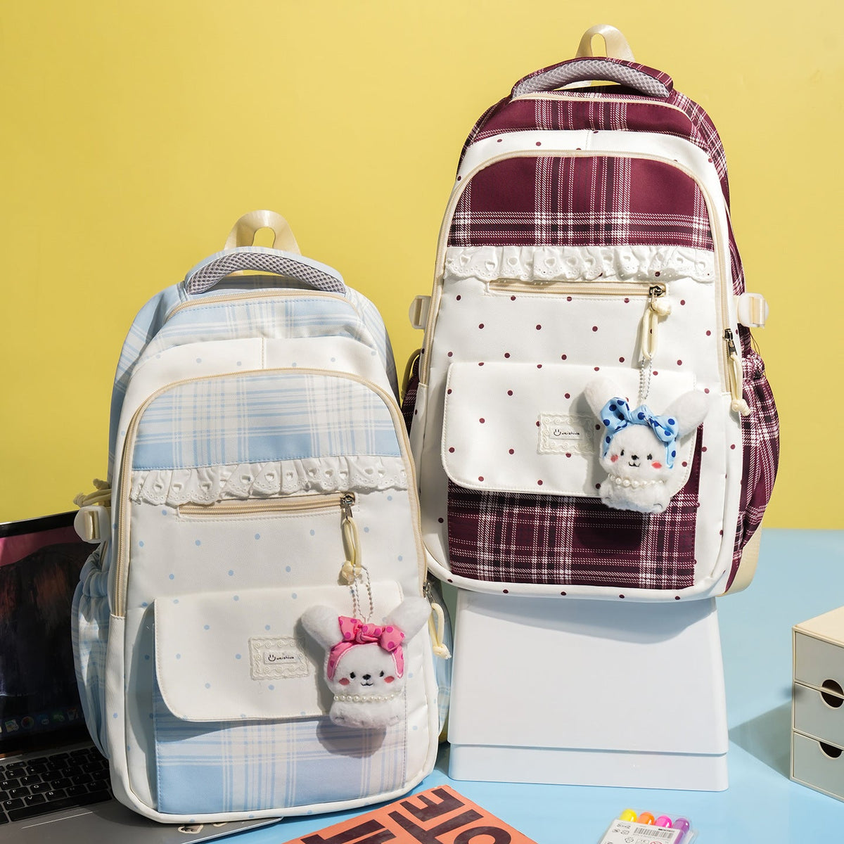 Plaid Patterned School Backpack with Cute Bunny Keychain LoungeYard — product view 2