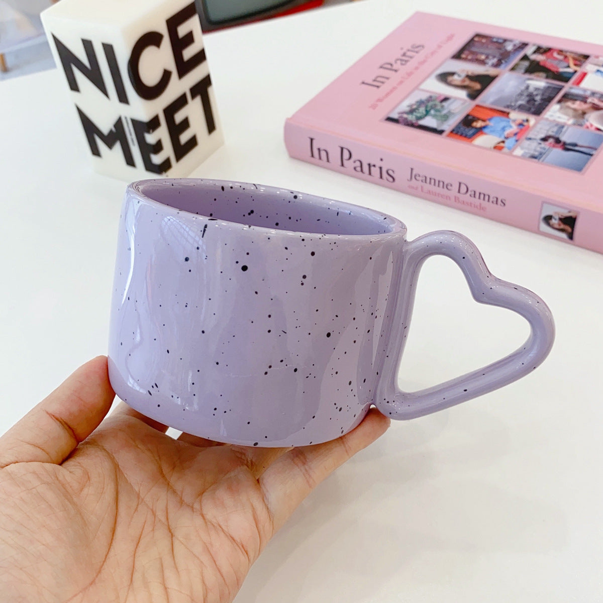 Oversized ceramic mug with heart-shaped handle and dotted glaze — product view 2