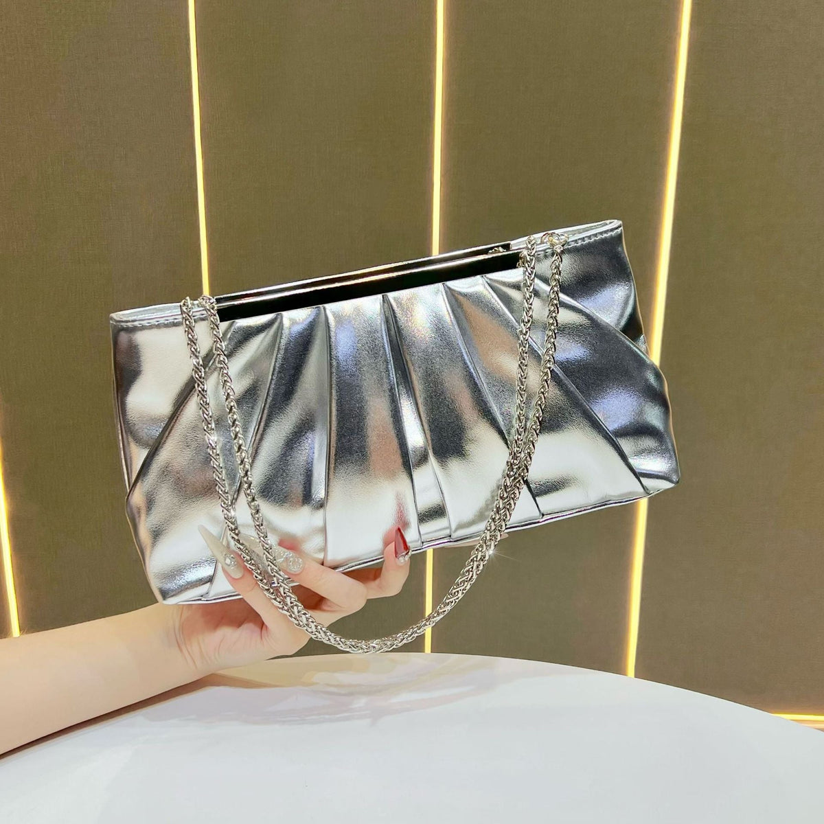 Pleated Chain Strap Evening Handbag — product view 6