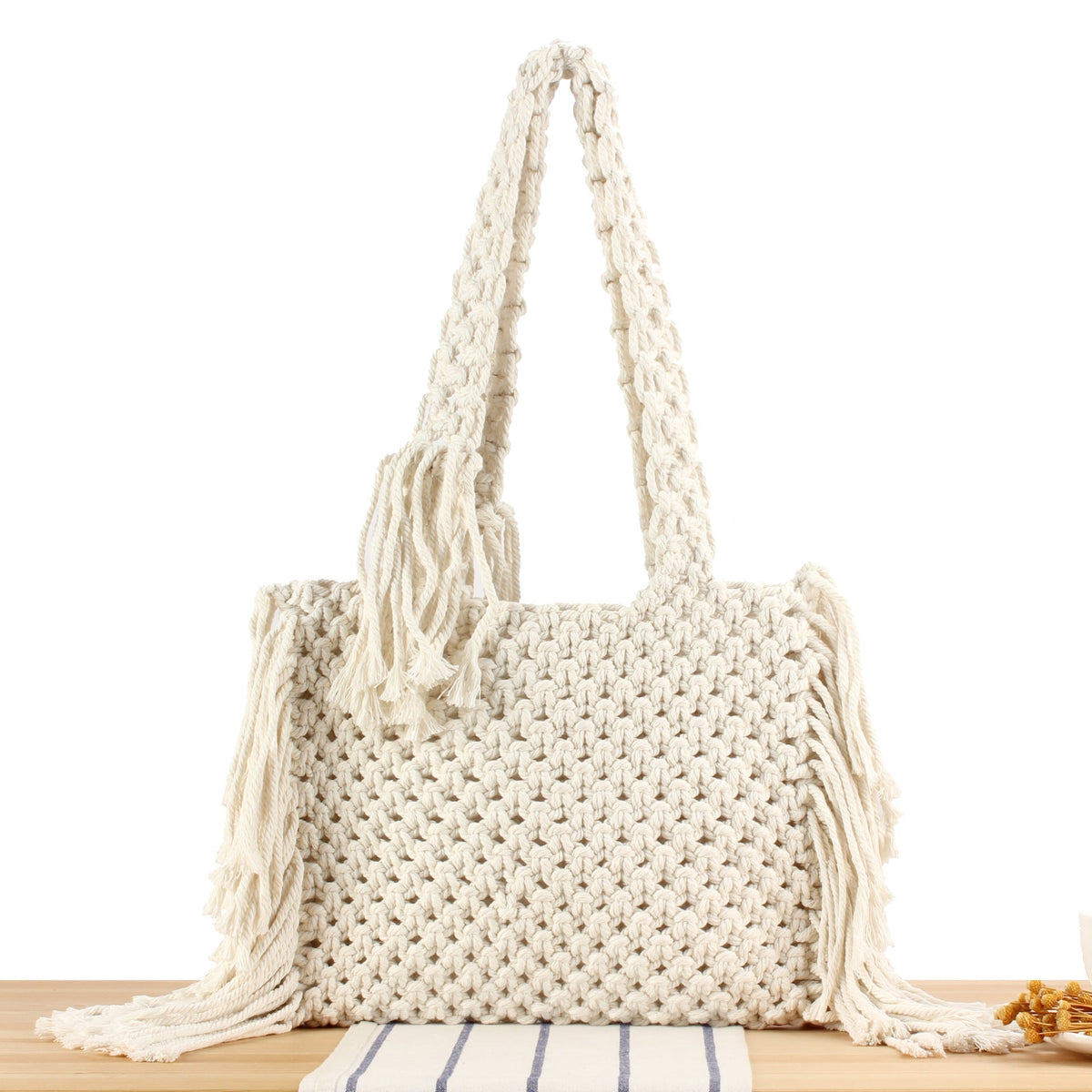 Macrame bag with creative fringes and comfortable carrying handle LoungeYard — product view 6