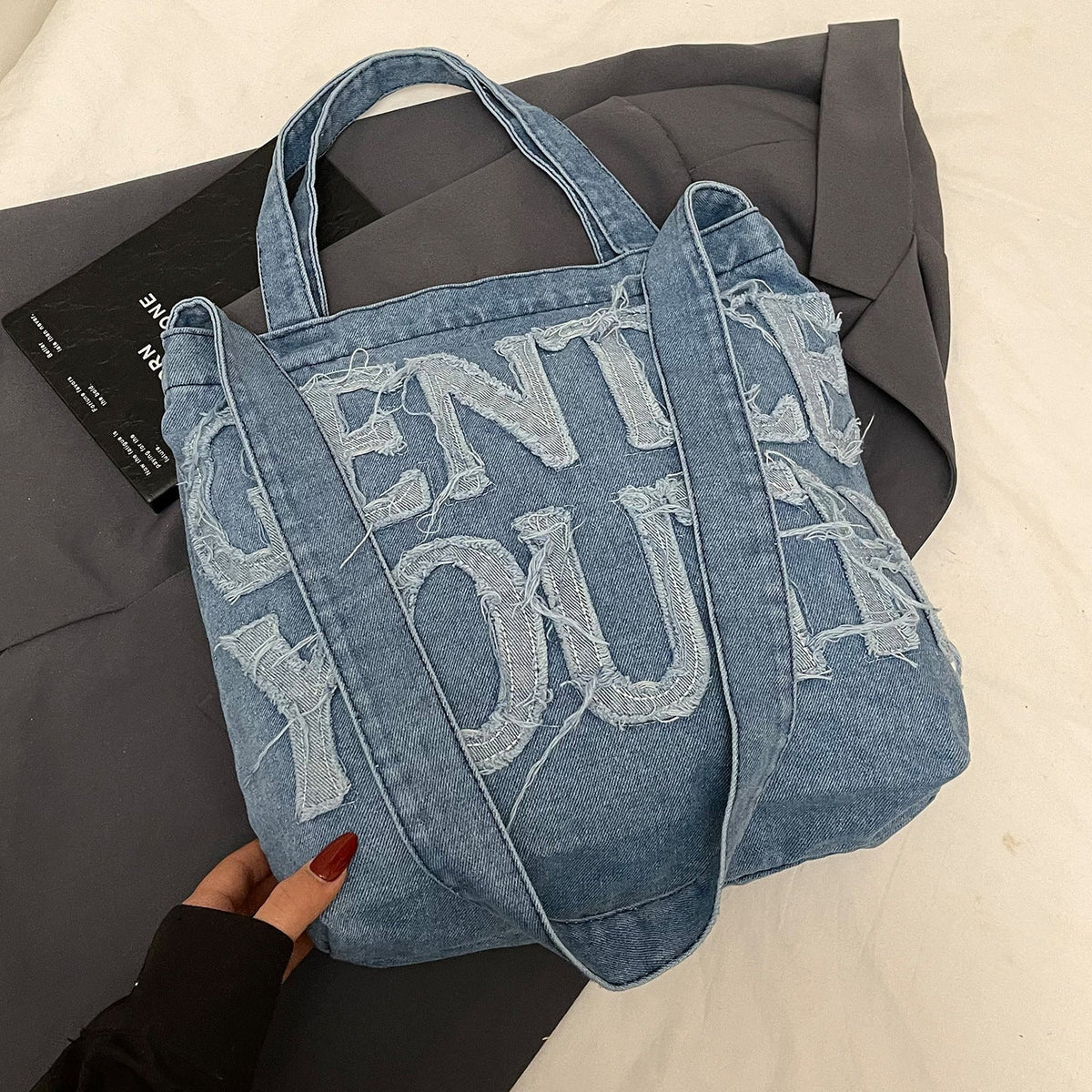 Distressed Denim Graphic Tote Bag — product view 6