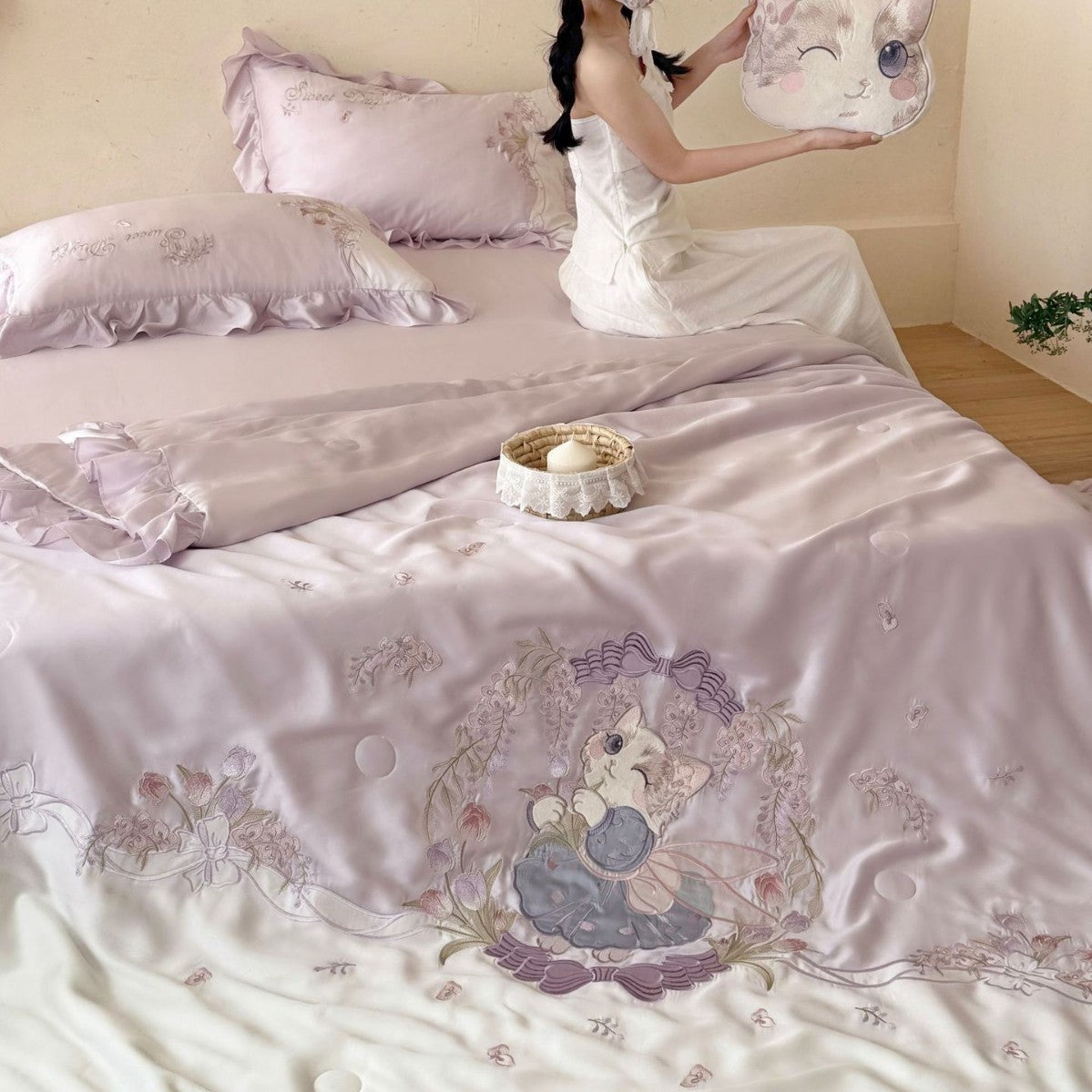Romantic satin bedding complete set with embroidered bedspread and frill — product view 1