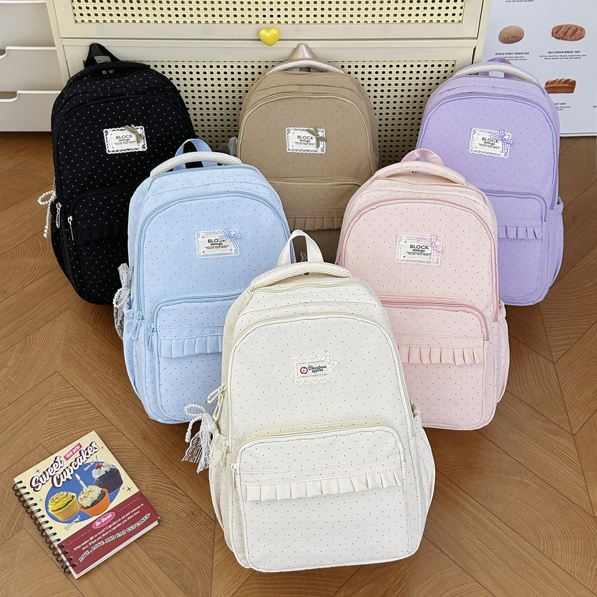 Polka Dot Patterned Backpack with Ruffle Accents LoungeYard — product view 4