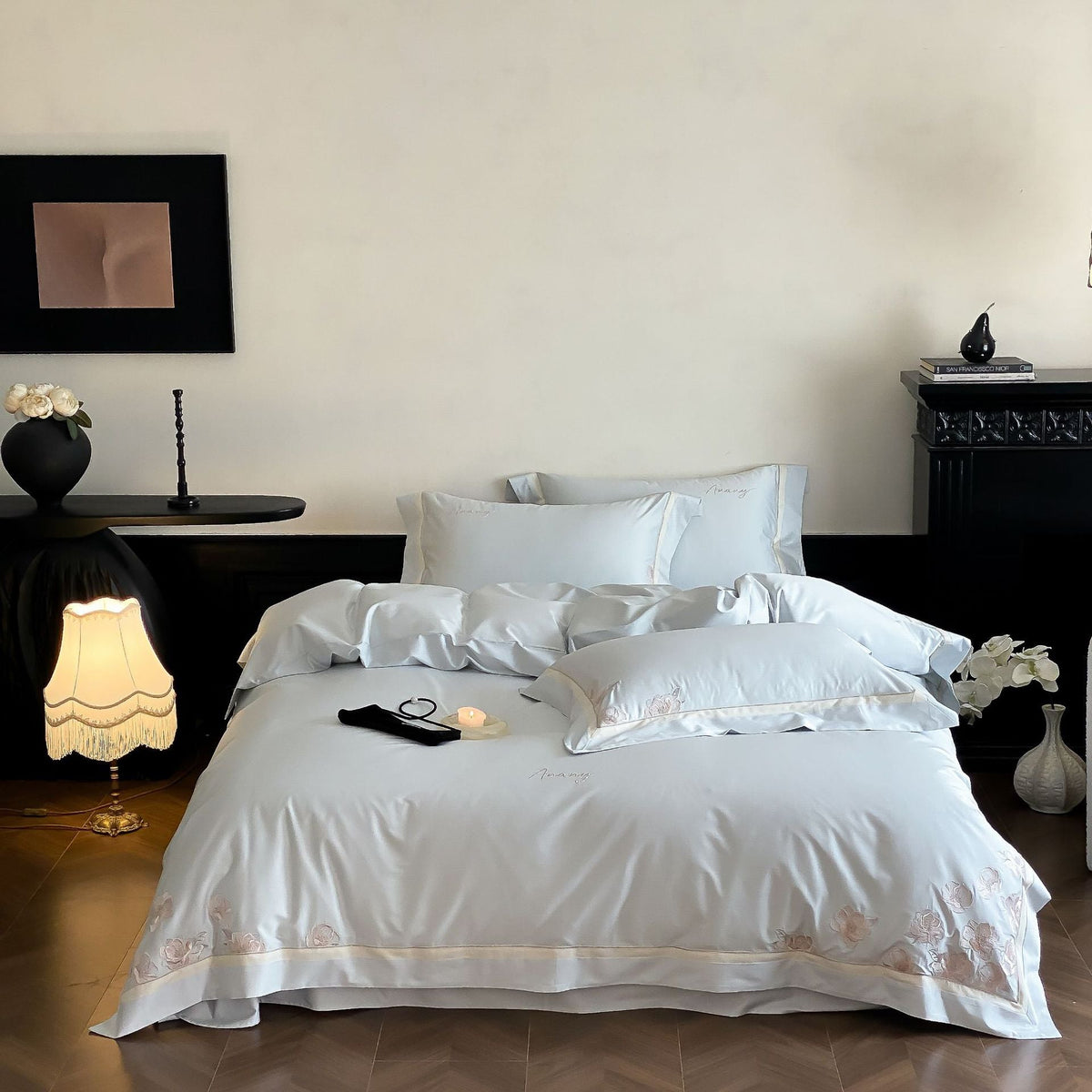 Silk-gloss bed linen set with embroidered rose border LoungeYard — product view 6