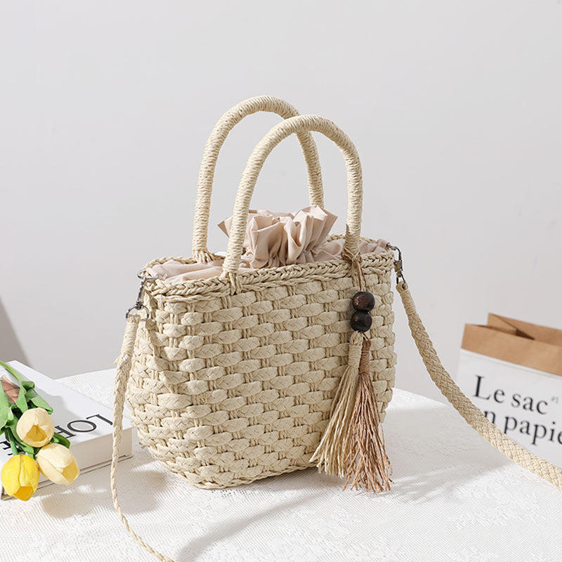 Handcrafted Macrame Tote Bag with Decorative Drawstring LoungeYard — product view 2