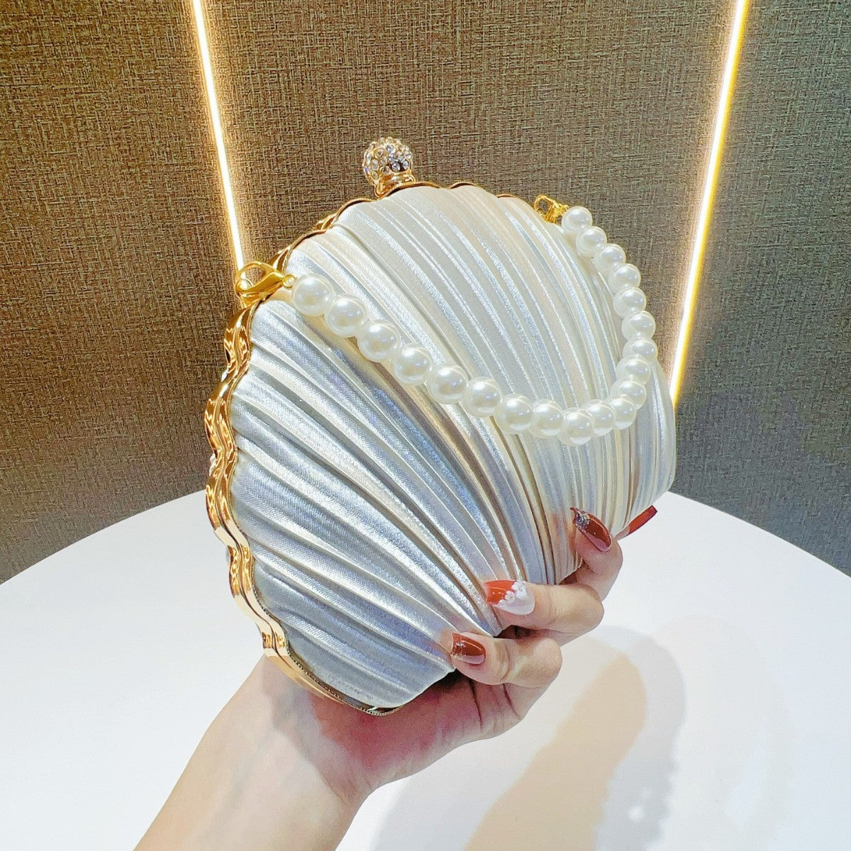 Pearl-Accented Pleated Evening Clutch — product view 2