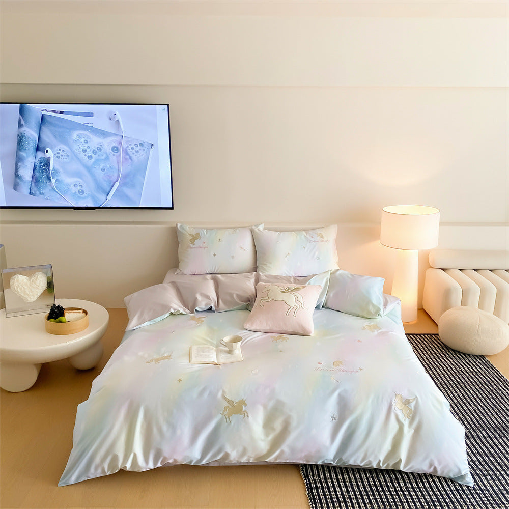 Pastel bedding set with unicorn embroidery and silky soft satin — product view 4