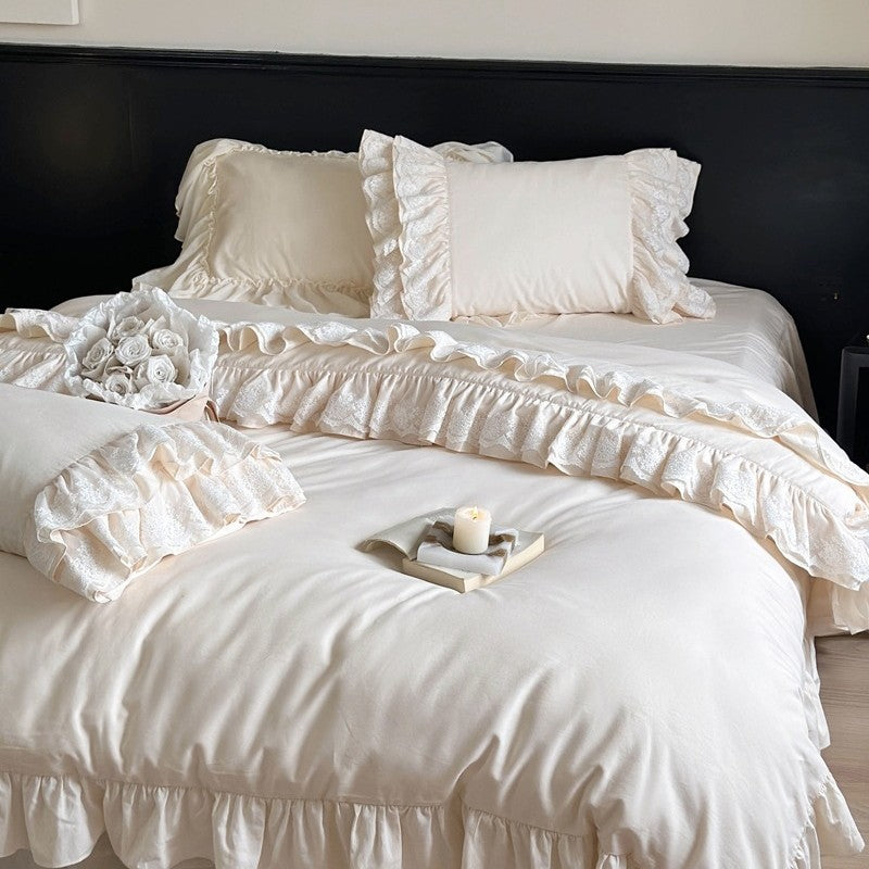 Vintage-inspired bedding set with ruffle trim and lace detailing — product view 1