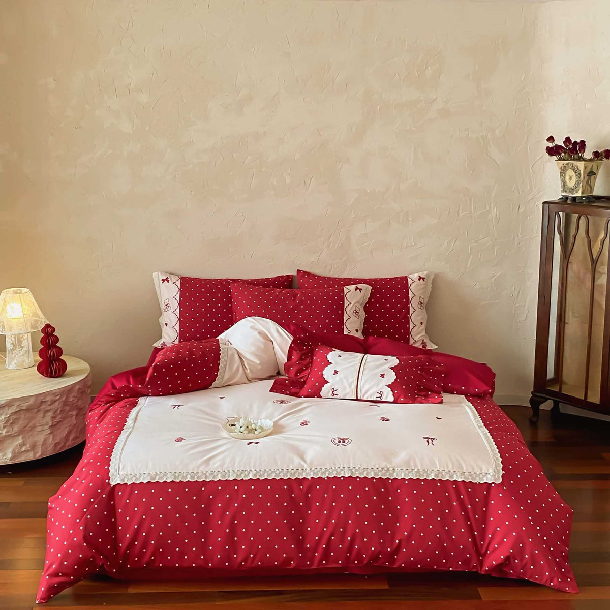 Country house style bedding set with polka dot design, decorative trim and pillowcase set — product view 5