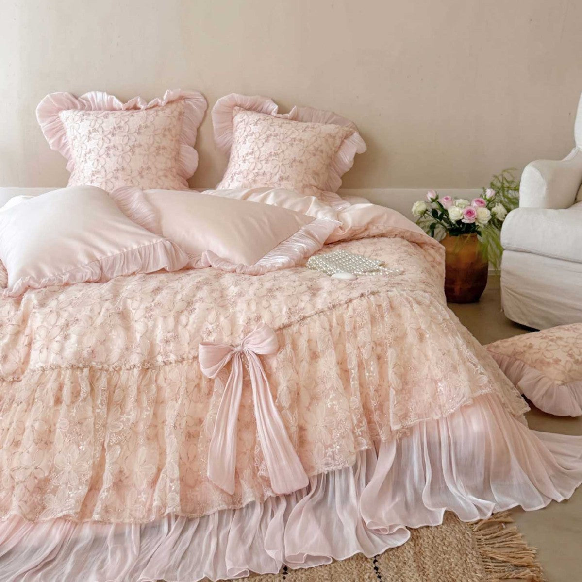 Romantic satin bedding set with ruffles and lace bedspread — product view 4