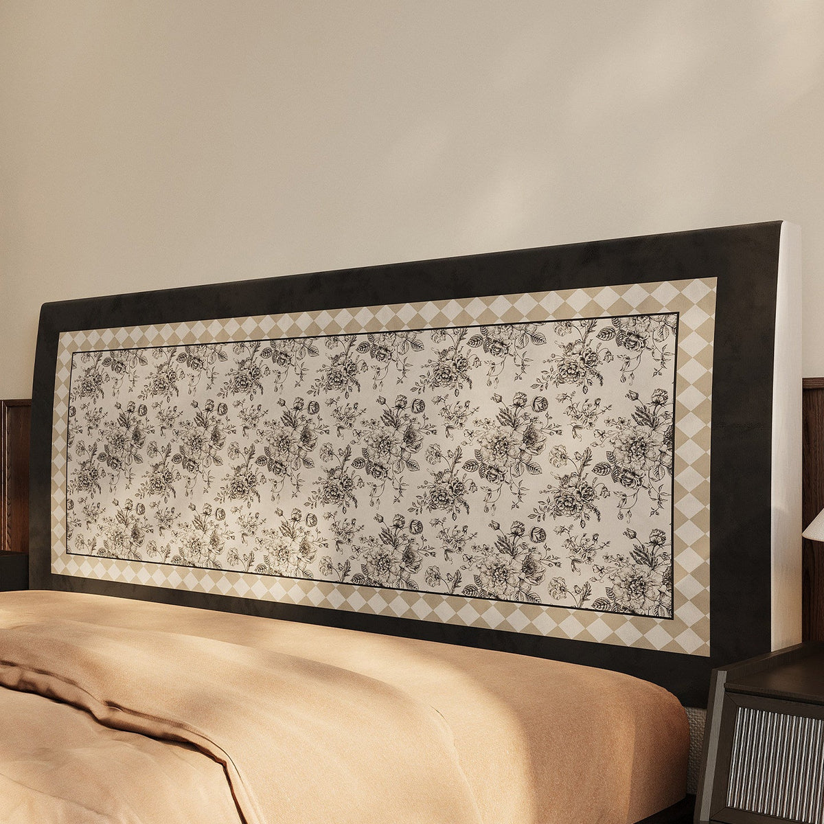 Removable Quilted Upholstered Headboard Slipcover with Framed Toile Floral Panel — product view 2