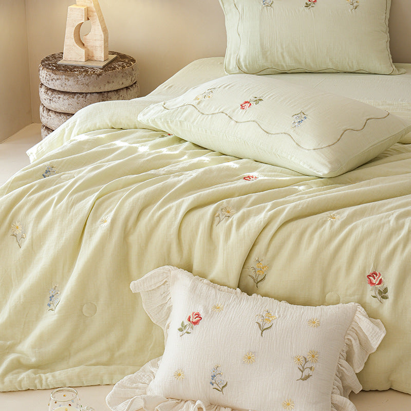 Light cotton gauze bedding set with fine floral embroidery and ruffle trim — product view 5