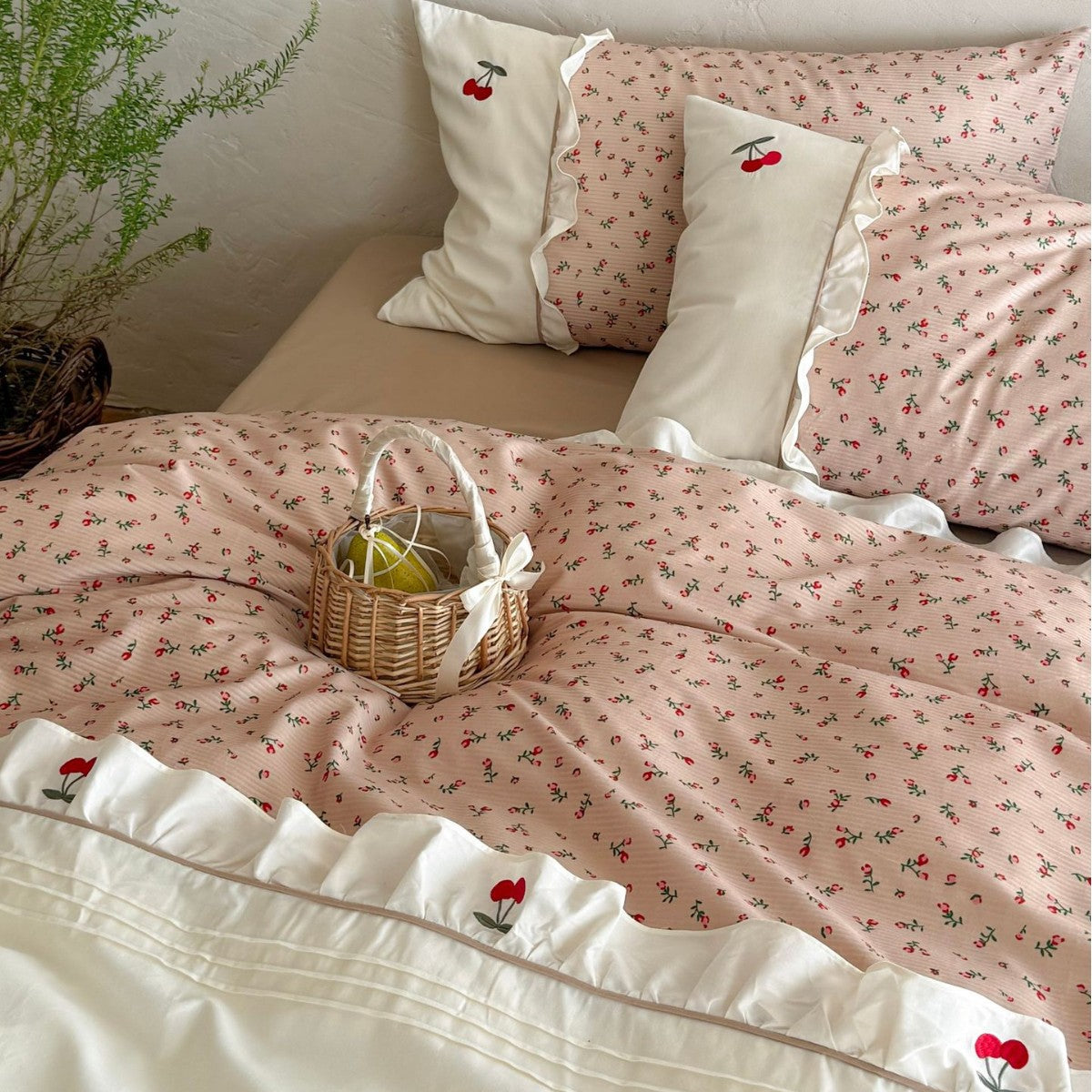 Bedding set in cottage style with cherry embroidery, ruffle and micro print — product view 1
