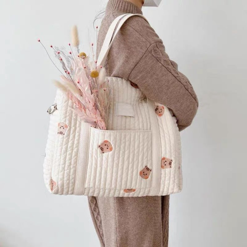 Quilted Baby Diaper Backpack Bag with Embroidered Plush Bear Accents — product view 1