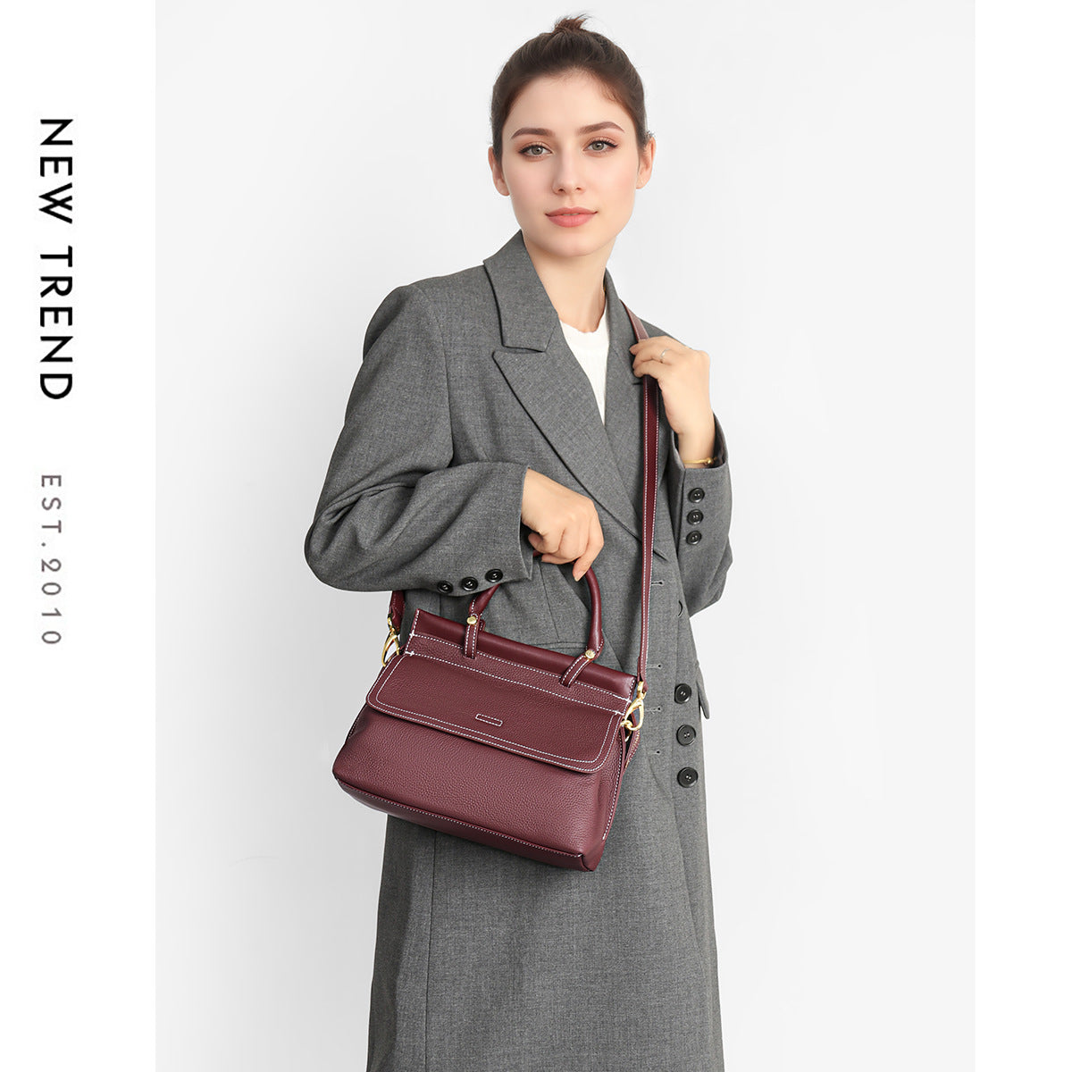 Top-Handle Pebbled Leather Satchel with Contrast Stitching — product view 4