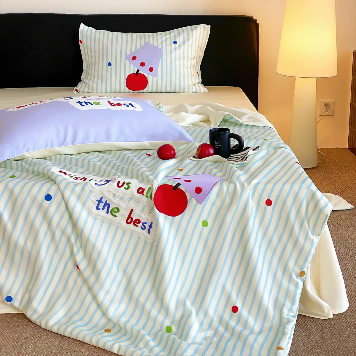 Bedding set with striped cotton satin and cherry print LoungeYard — product view 1