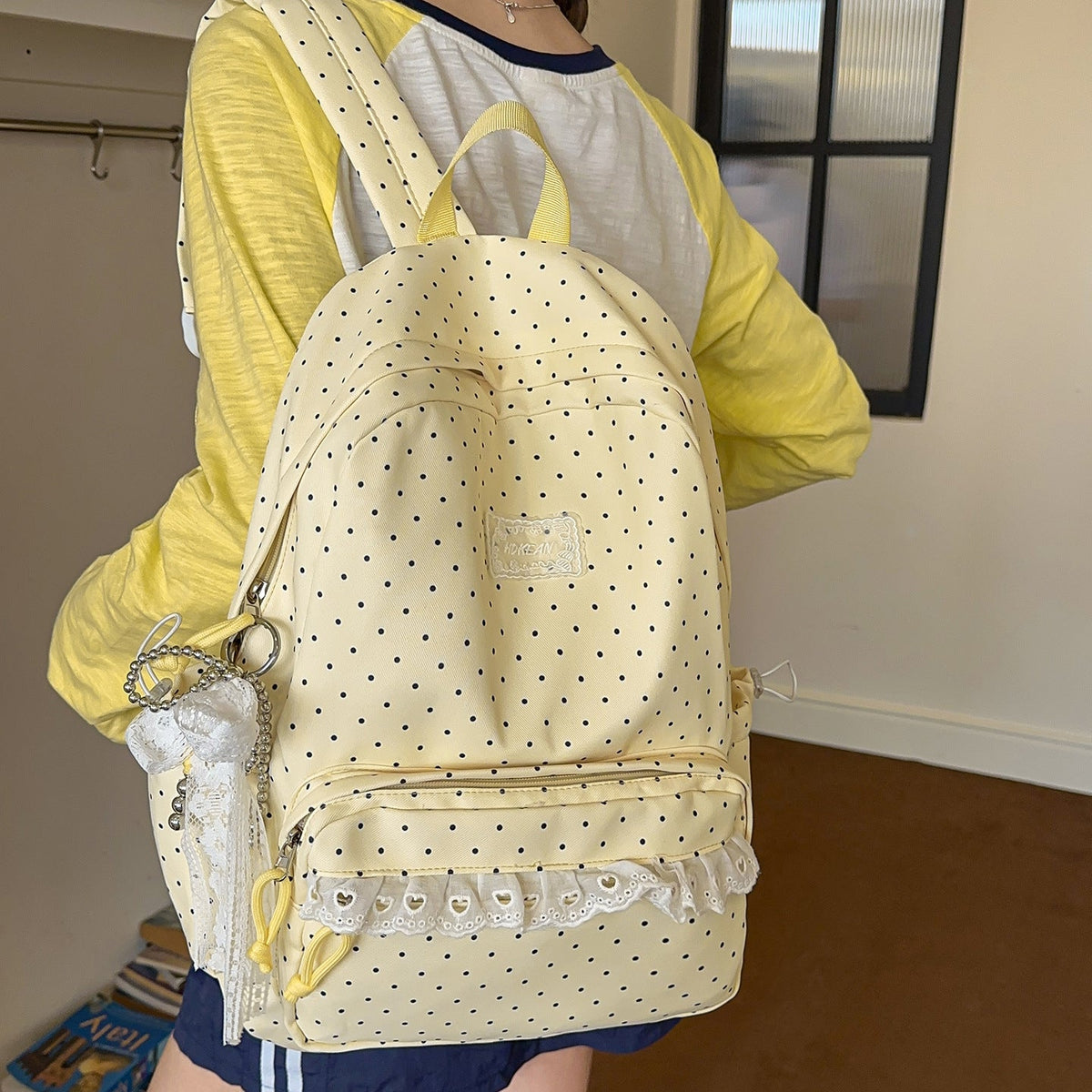 Charming Polka Dot Patterned Backpack LoungeYard — product view 2