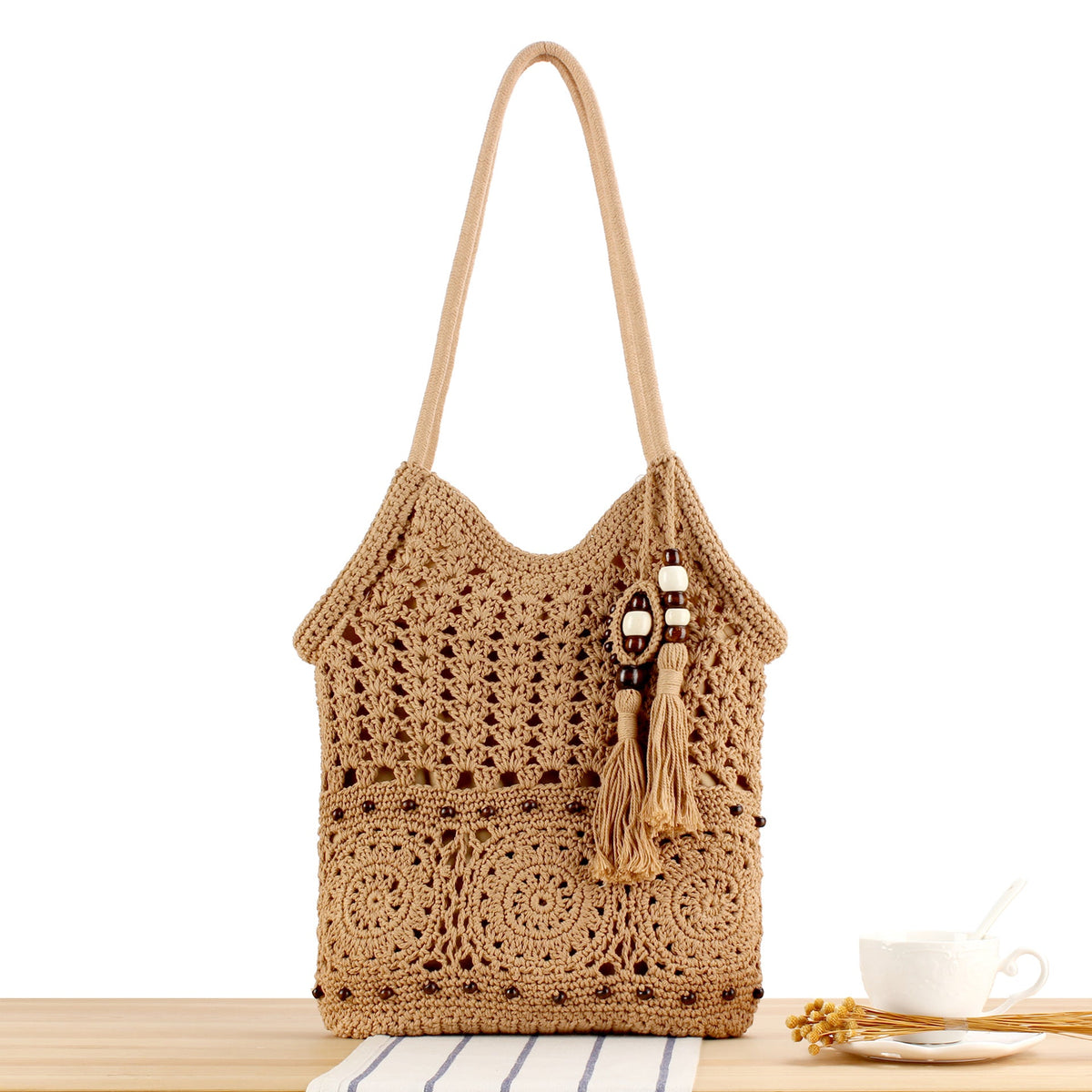 Handmade Macramé Tote Bag with Floral Crochet Work LoungeYard — product view 6