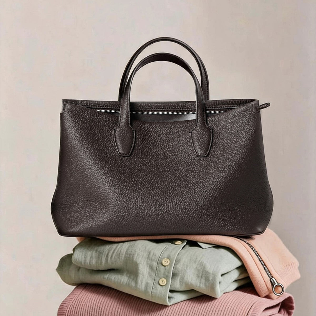 Structured Pebbled Leather Top-Zip Tote Bag — product view 1