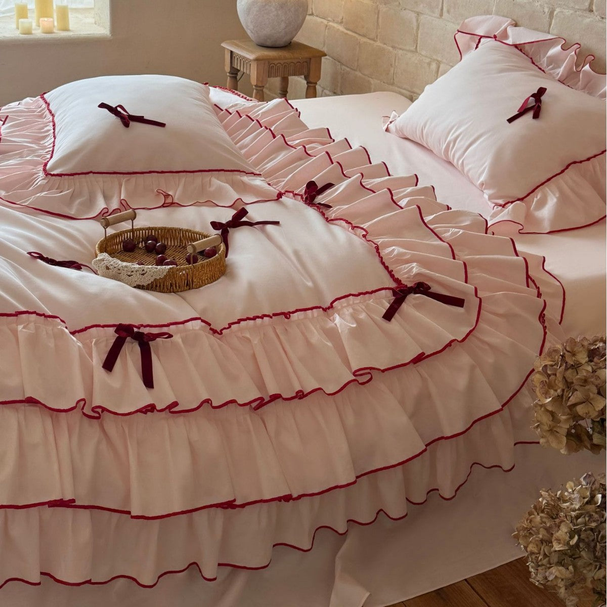 Romantic bedding set with ruffles, frills, and decorative bows — product view 1