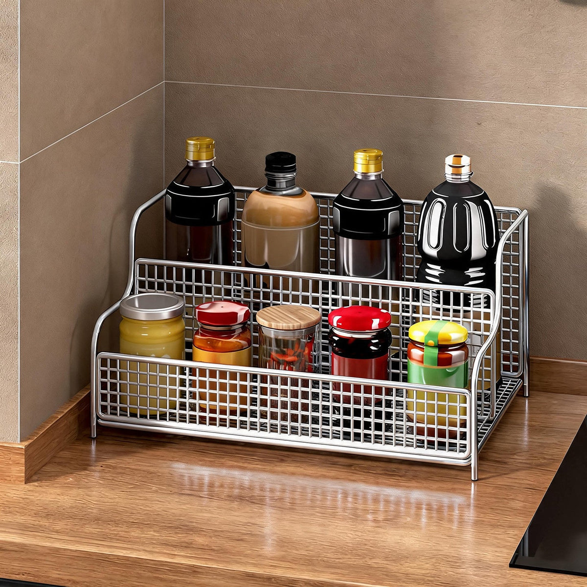 Double-Tier Countertop Metal Wire Kitchen Organizer Rack for Bottles and Spices — product view 1