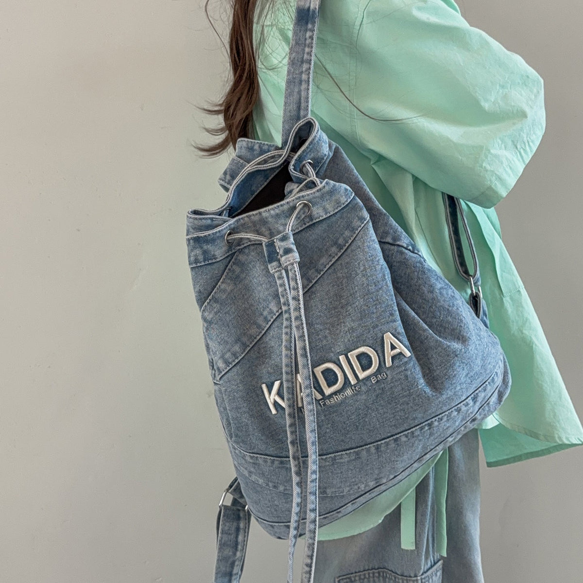 Casual Drawstring Denim Backpack LoungeYard — product view 3