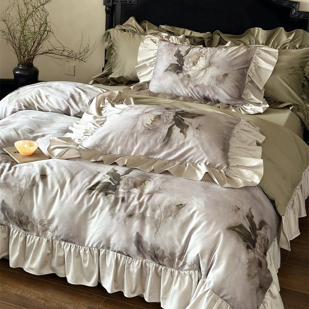 Luxurious satin bedding set with ruffles and watercolor flowers — product view 1