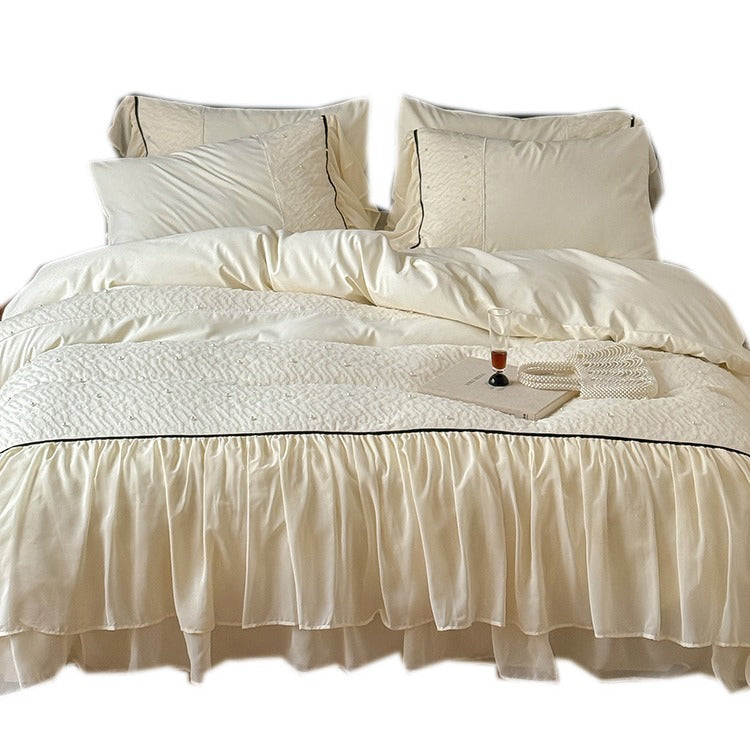Luxurious bedding set with chiffon ruffles, comforter and contrast piping — product view 5