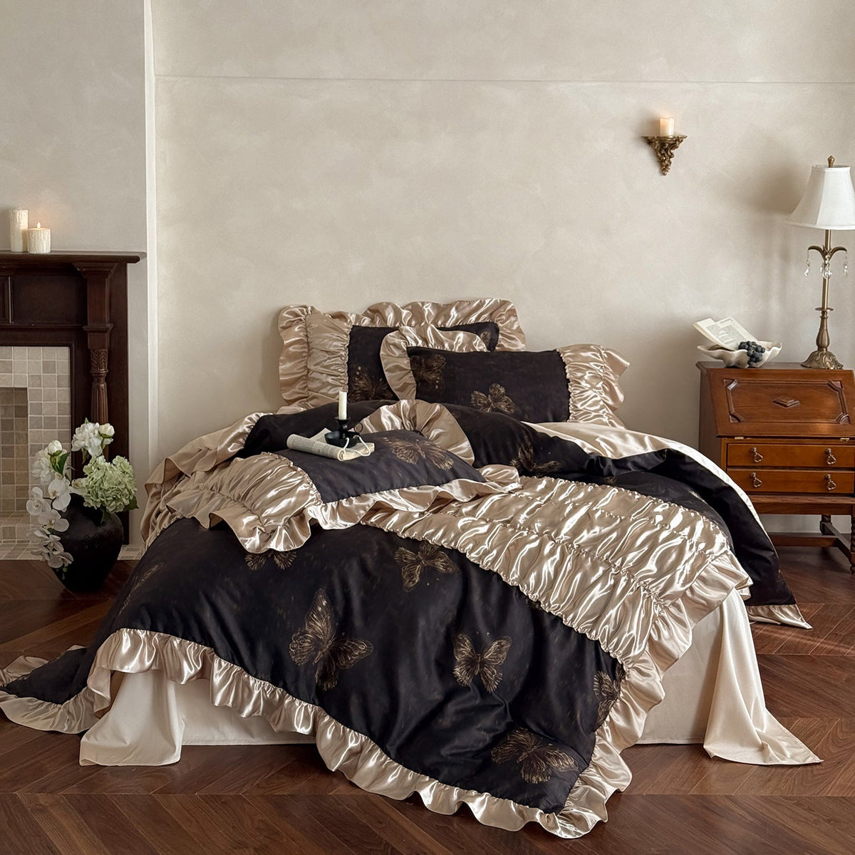 Silky shiny satin bedding set with butterfly pattern and voluminous ruffle frills LoungeYard — product view 6